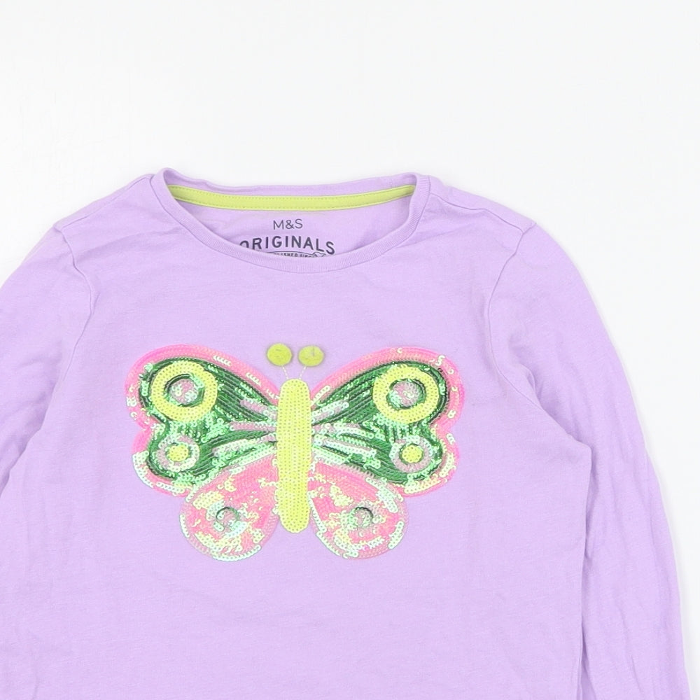 Marks and Spencer Girls Purple  Cotton Basic T-Shirt Size 4-5 Years Crew Neck Pullover