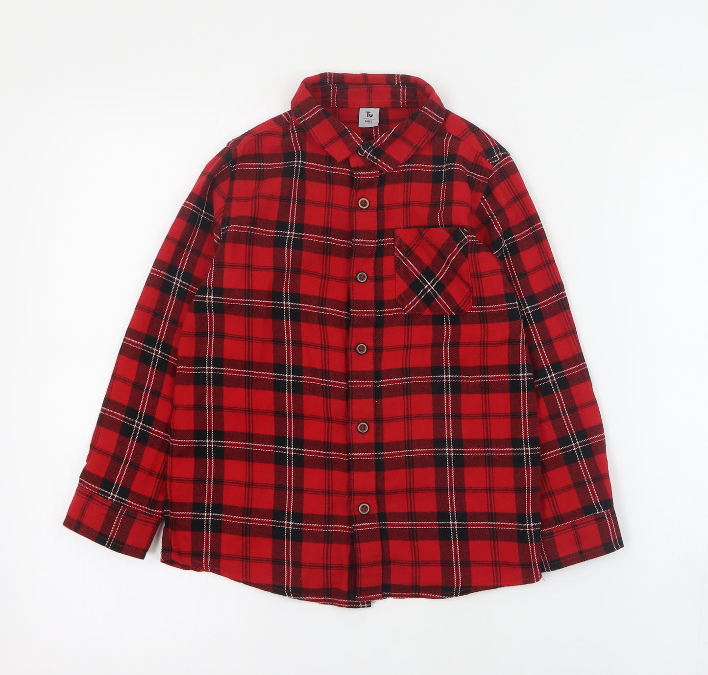 TU Boys Red Plaid Cotton Basic Button-Up Size 7 Years Collared Button
