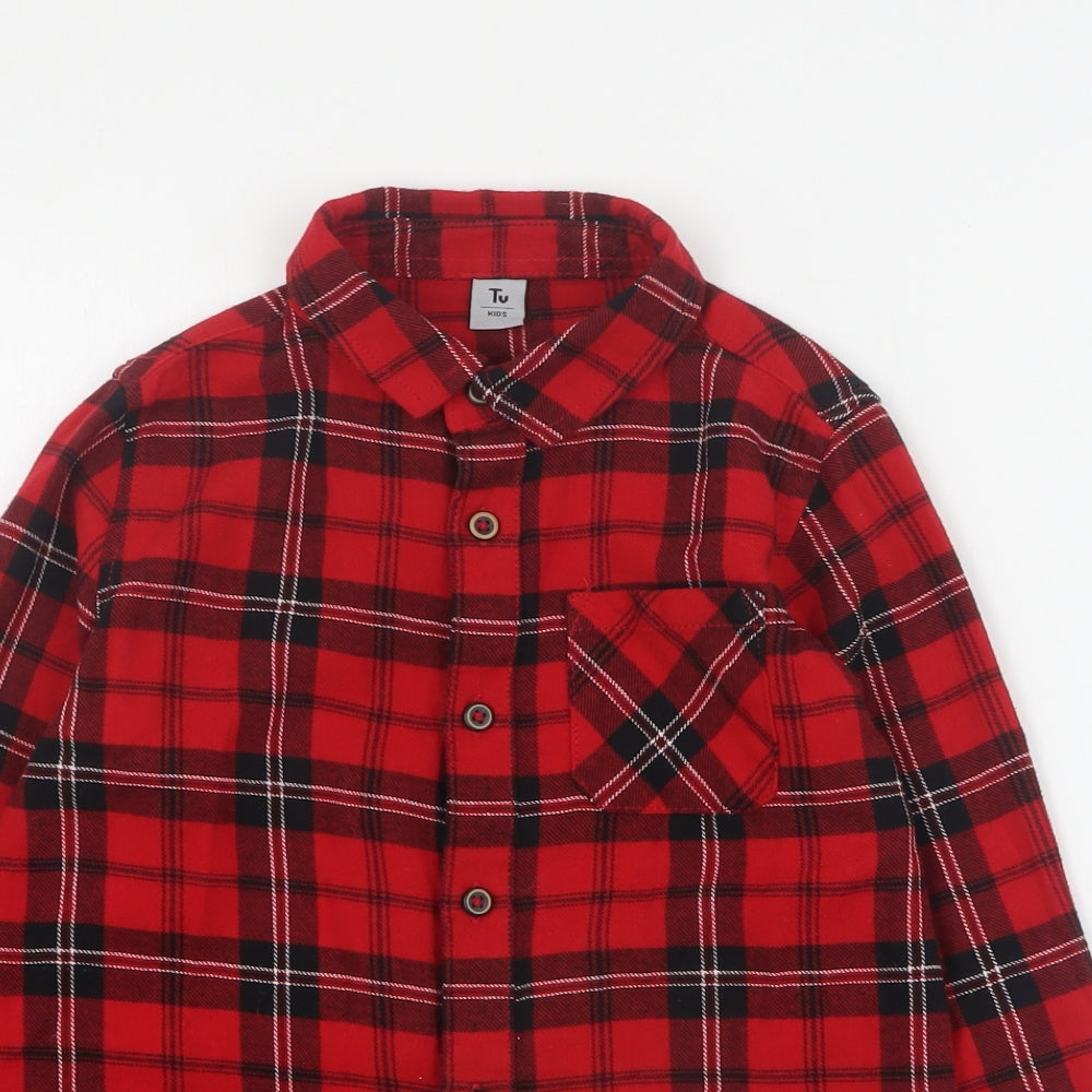 TU Boys Red Plaid Cotton Basic Button-Up Size 7 Years Collared Button