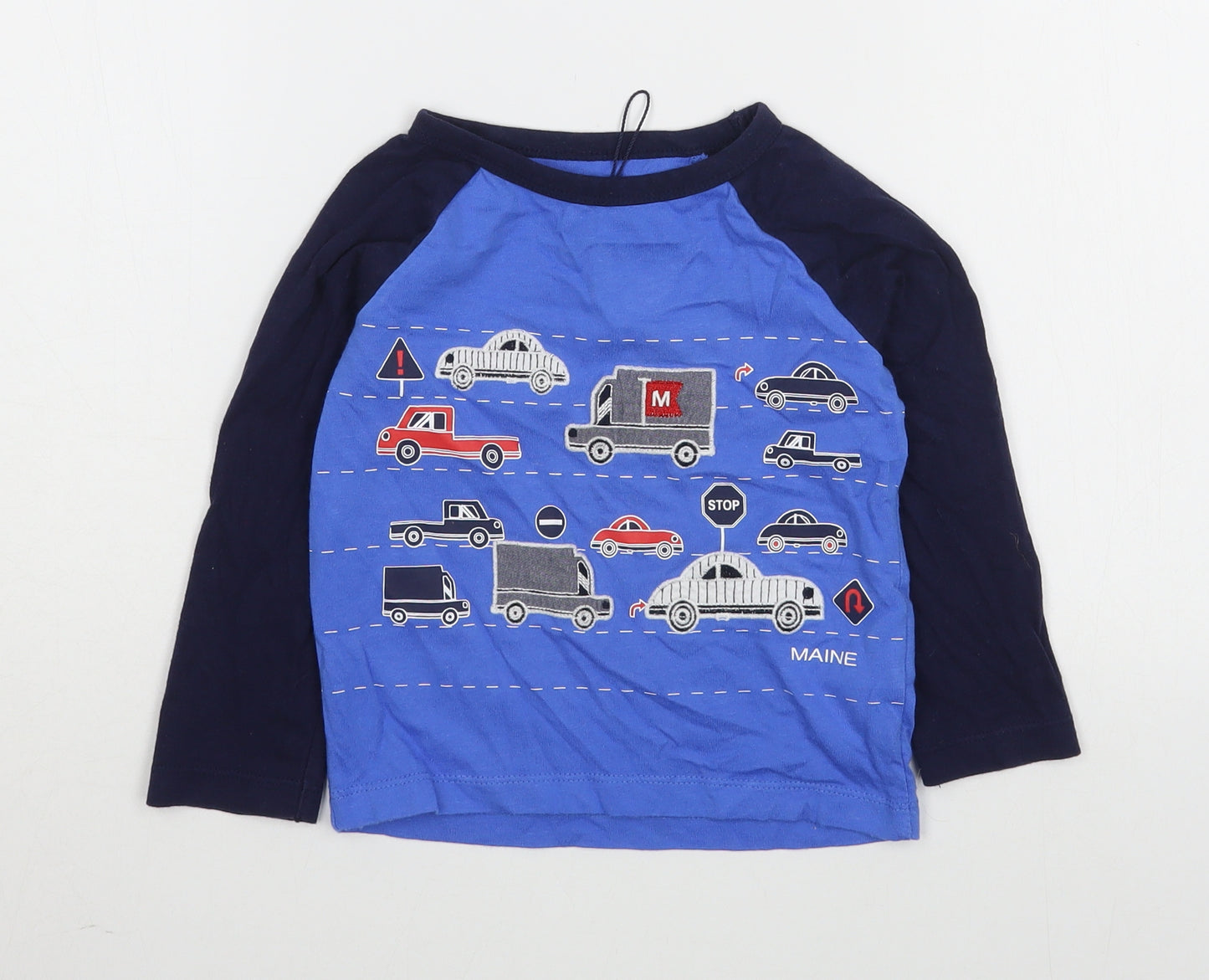 Maine Boys Blue Geometric 100% Cotton Basic T-Shirt Size 18-24 Months Round Neck Pullover