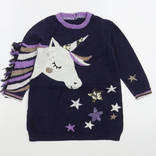 Preworn Girls Blue  100% Cotton Jumper Dress  Size 4-5 Years  Round Neck Button