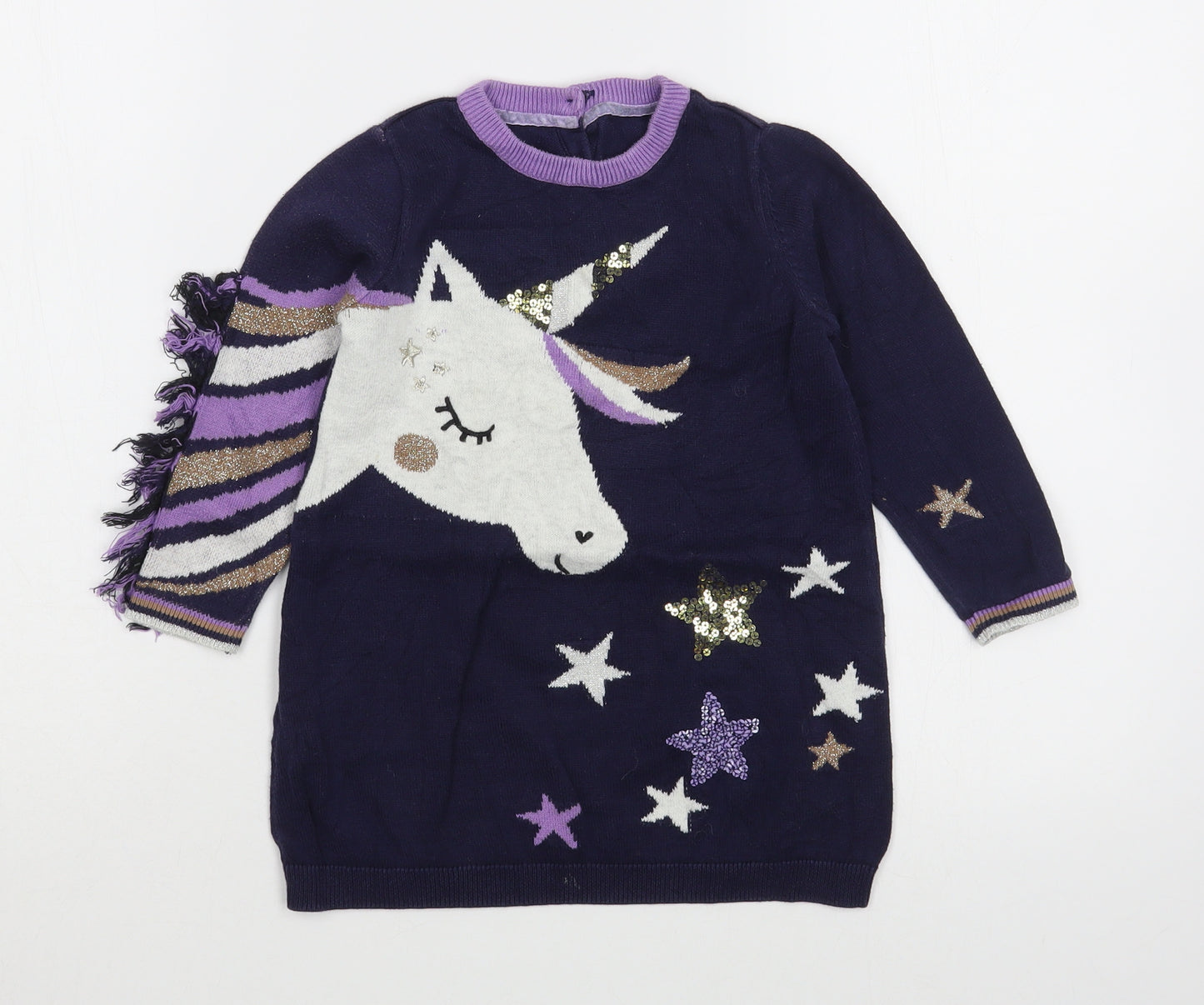 Preworn Girls Blue  100% Cotton Jumper Dress  Size 4-5 Years  Round Neck Button
