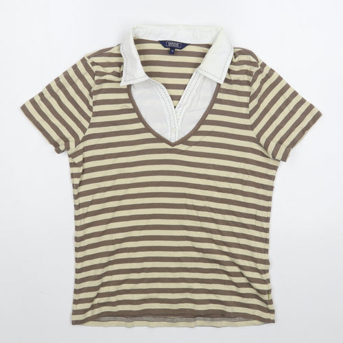 Debenhams Womens Brown Striped 100% Cotton Basic T-Shirt Size 14 Collared
