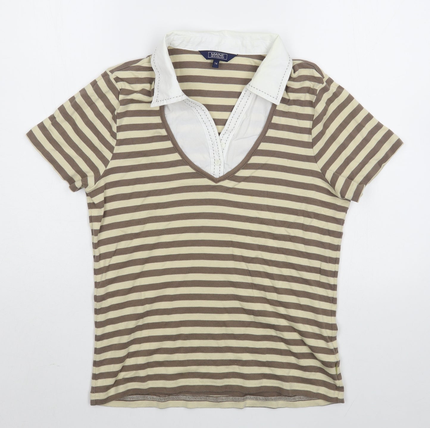 Debenhams Womens Brown Striped 100% Cotton Basic T-Shirt Size 14 Collared