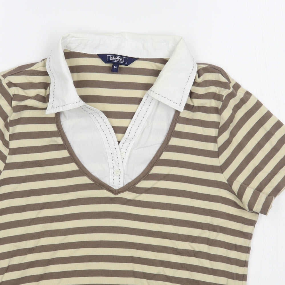 Debenhams Womens Brown Striped 100% Cotton Basic T-Shirt Size 14 Collared