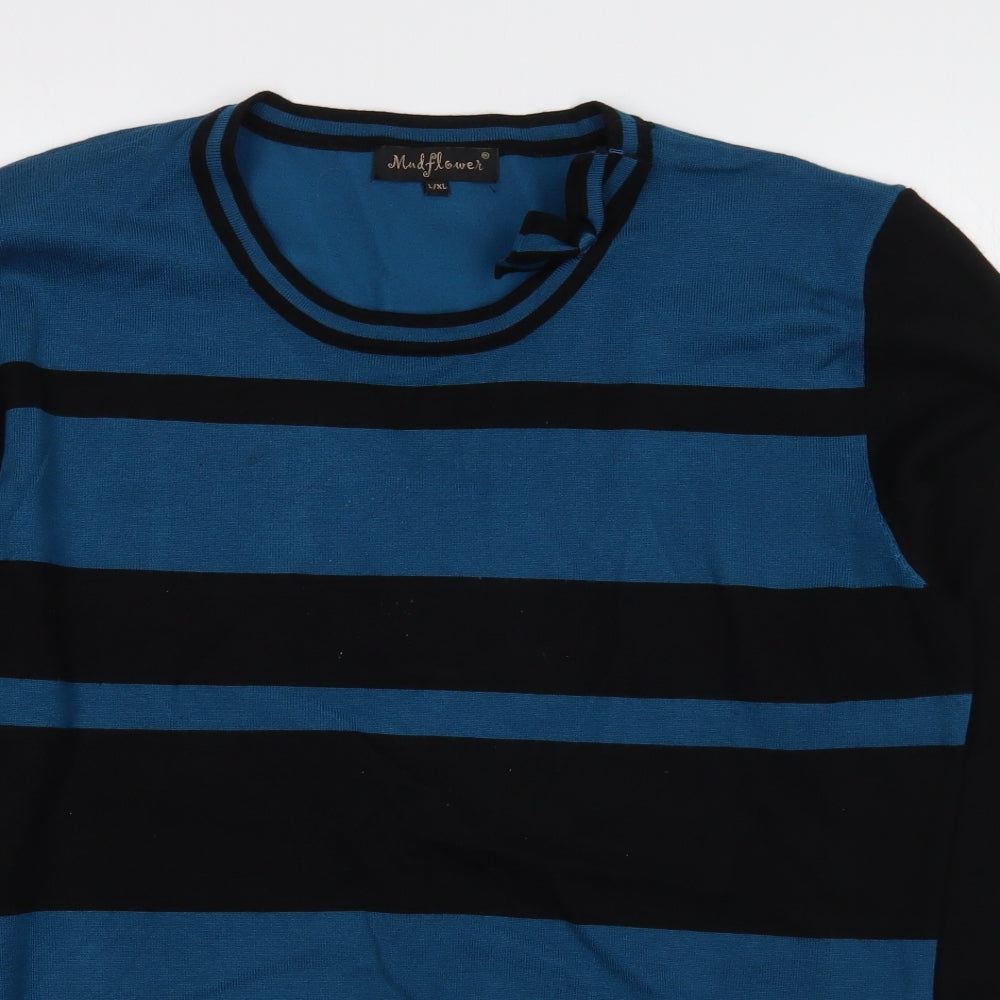 Mudflower Womens Blue Scoop Neck Striped Viscose Pullover Jumper Size XL