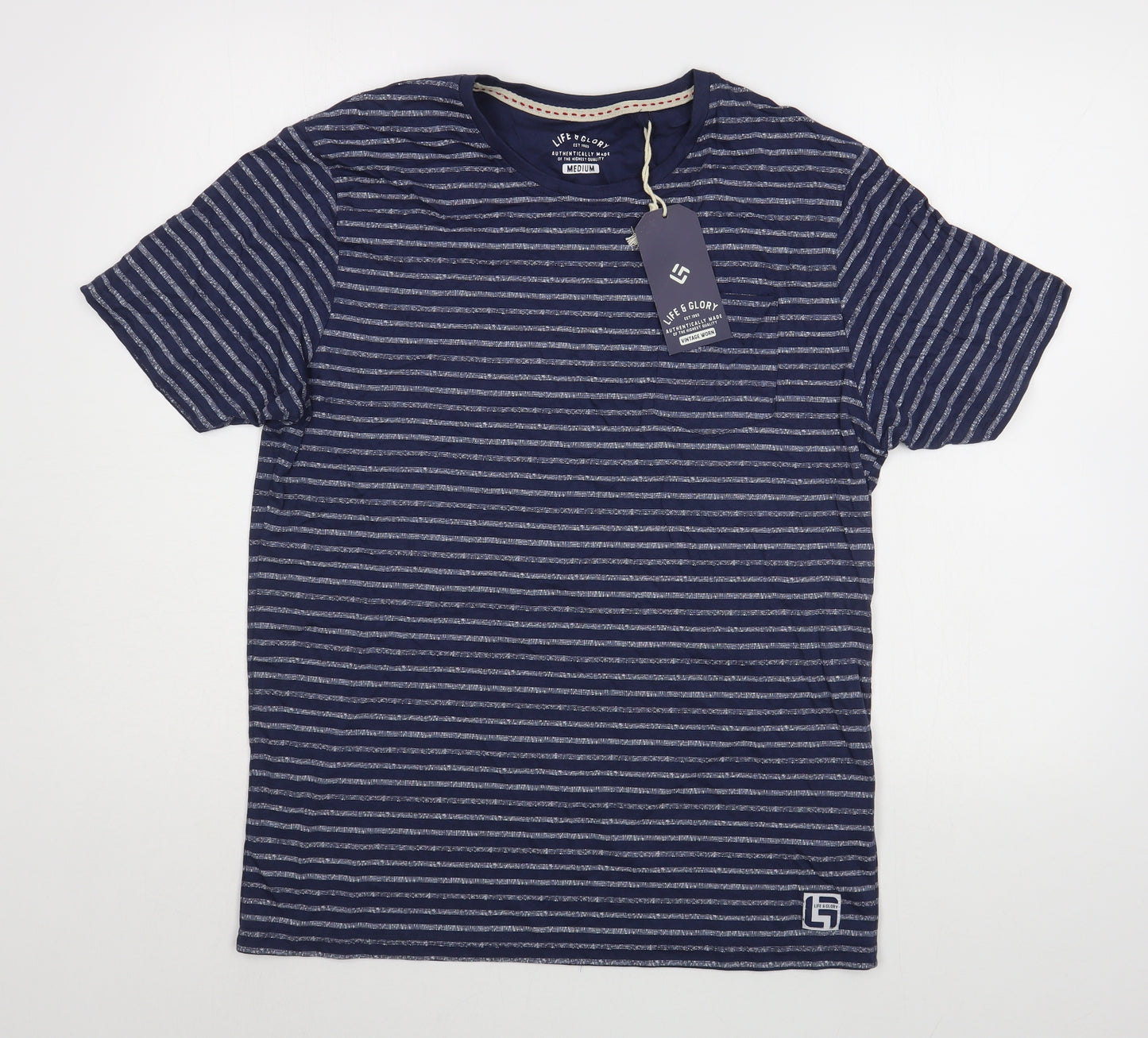 Life & Glory  Mens Blue Striped Cotton  T-Shirt Size M Round Neck
