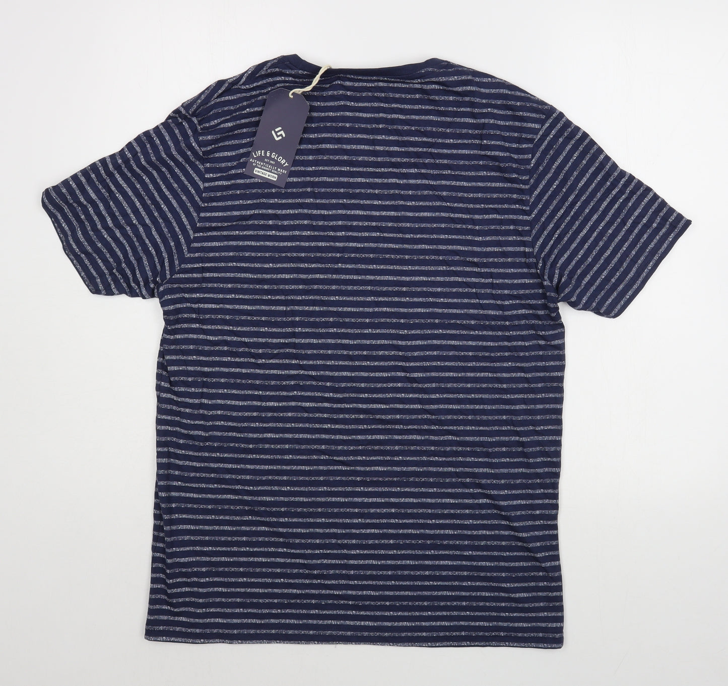 Life & Glory  Mens Blue Striped Cotton  T-Shirt Size M Round Neck