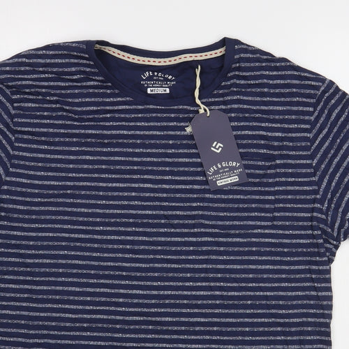 Life & Glory  Mens Blue Striped Cotton  T-Shirt Size M Round Neck
