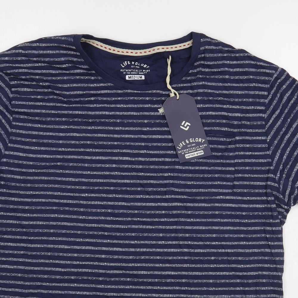 Life & Glory  Mens Blue Striped Cotton  T-Shirt Size M Round Neck