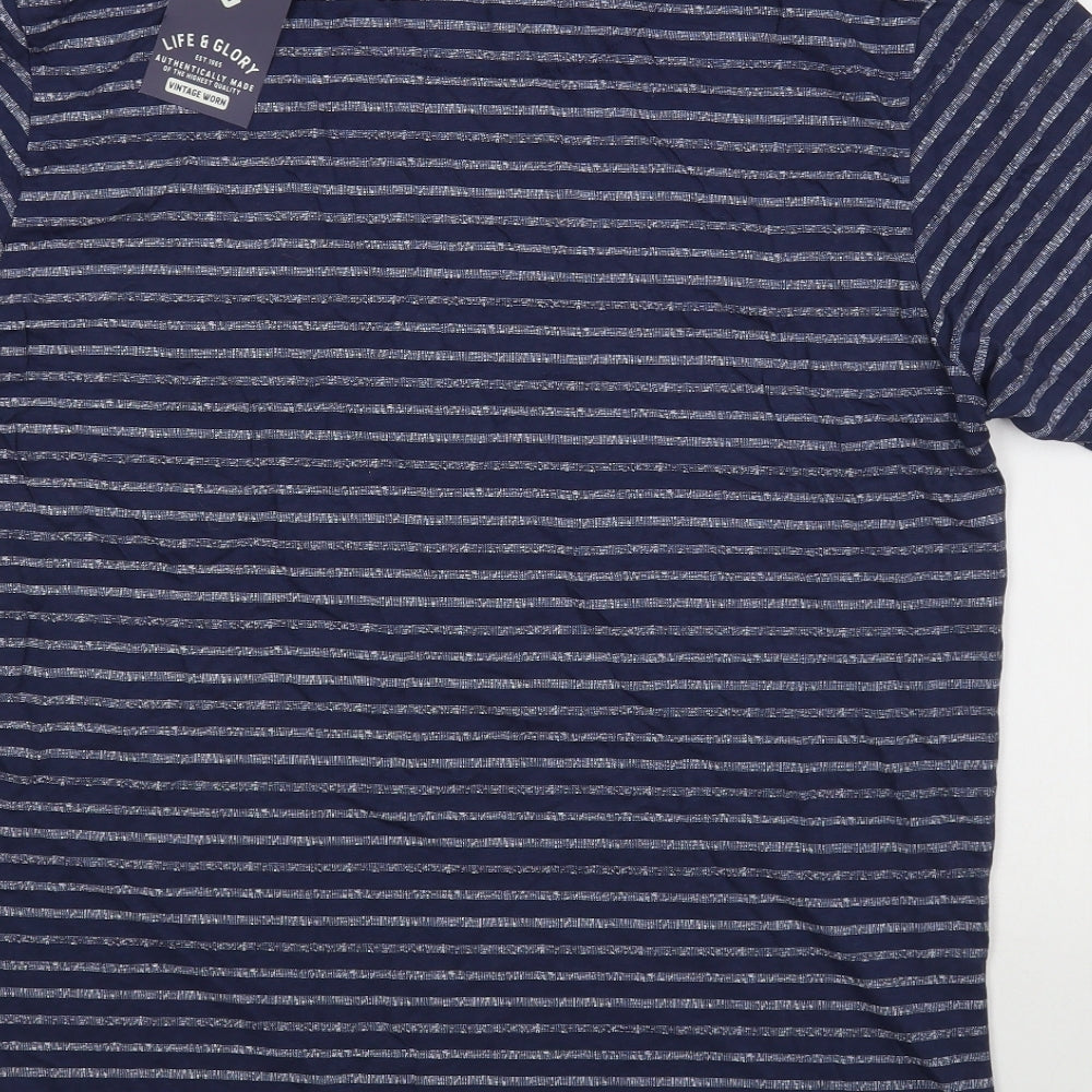 Life & Glory  Mens Blue Striped Cotton  T-Shirt Size M Round Neck