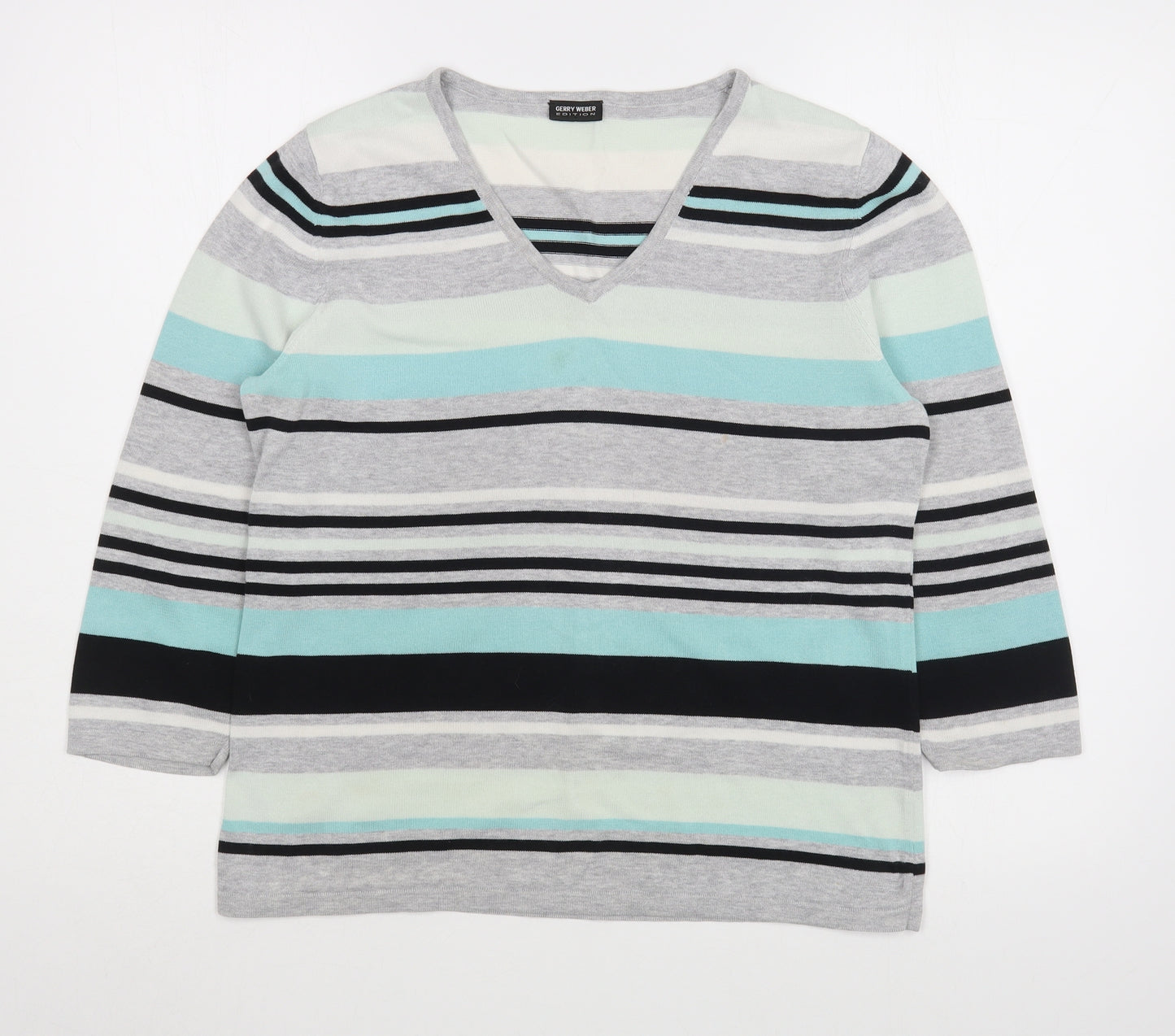 Gerry Weber Womens Grey V-Neck Striped Acrylic Pullover Jumper Size M