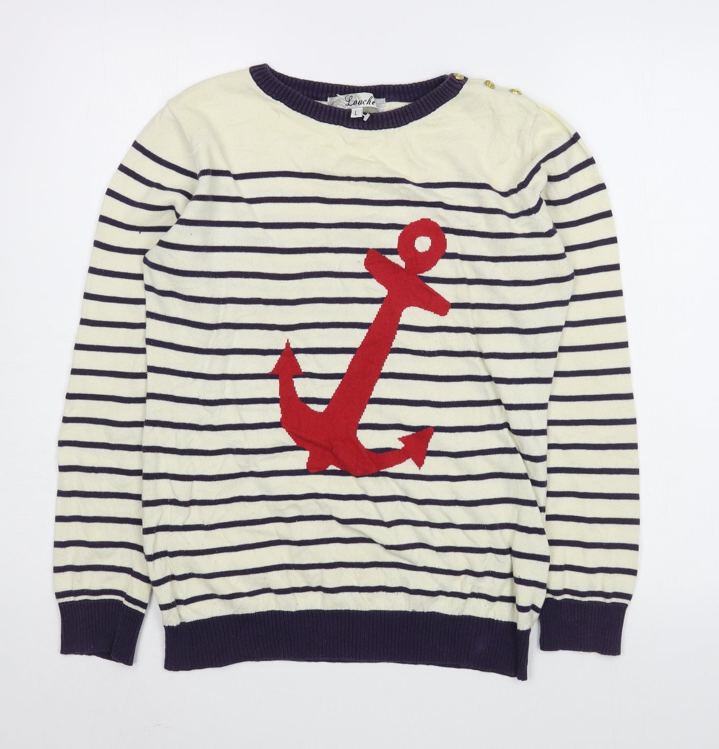 Louche Womens Ivory Round Neck Striped Cotton Pullover Jumper Size L