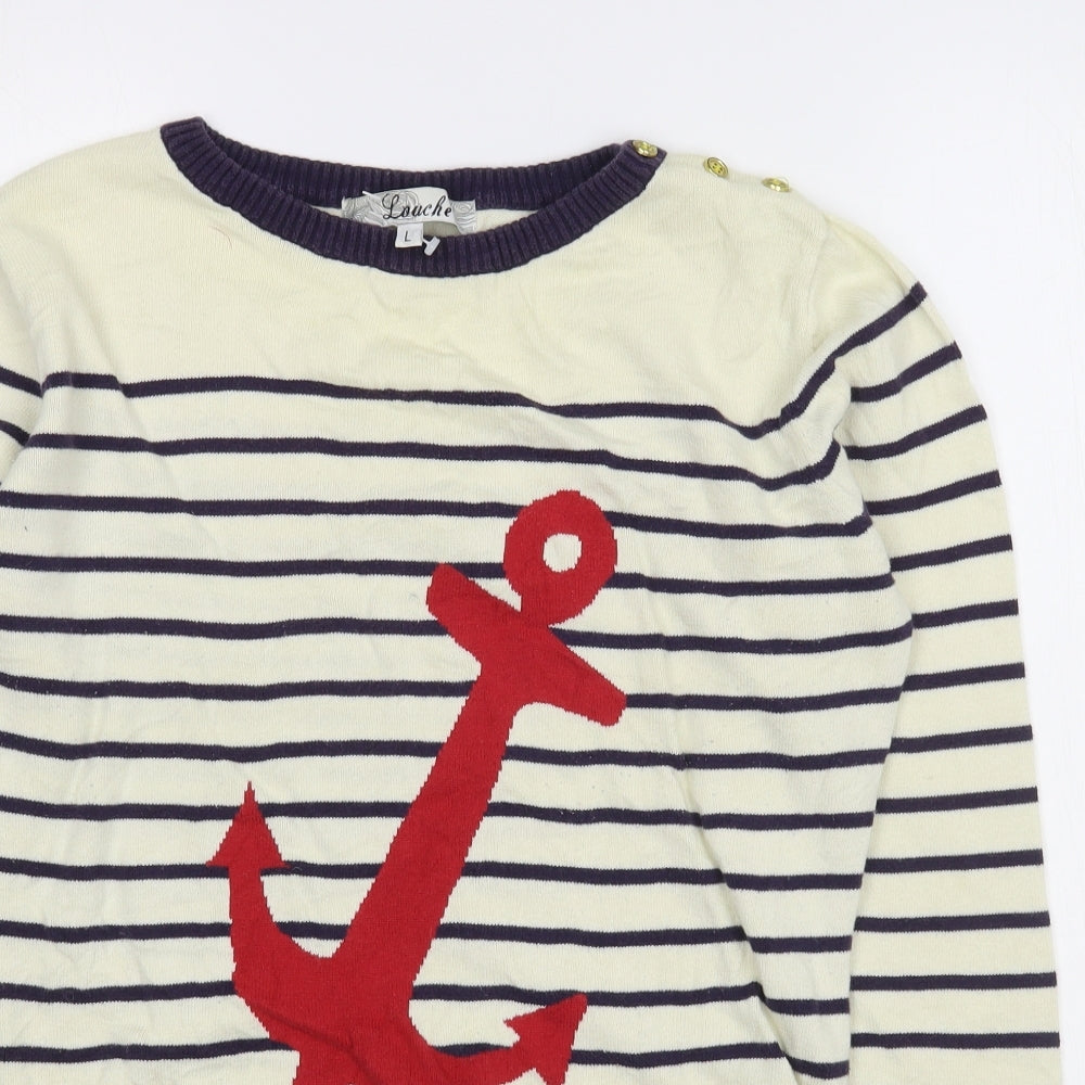 Louche Womens Ivory Round Neck Striped Cotton Pullover Jumper Size L