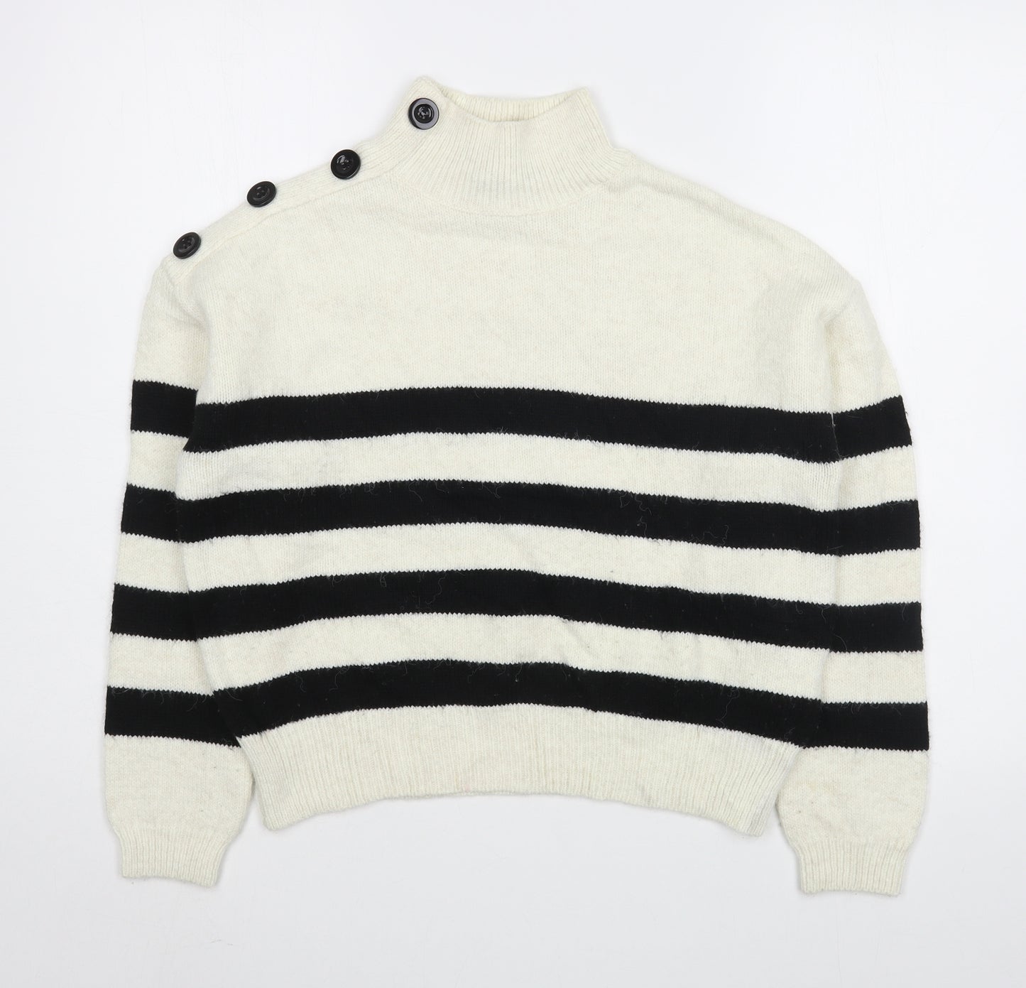 Primark Womens White High Neck Striped Acrylic Pullover Jumper Size XS
