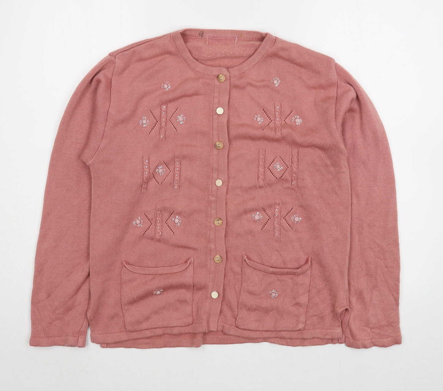 Preworn Womens Pink Round Neck  Acrylic Cardigan Jumper Size 12