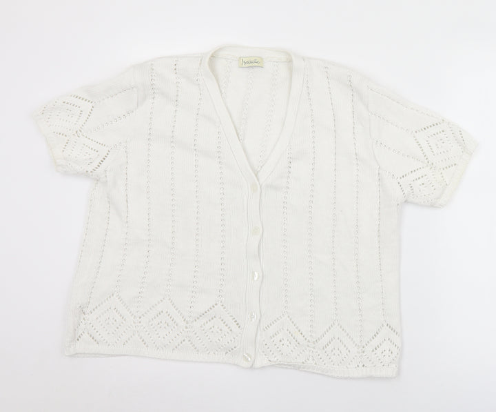 Isabelle Womens White V-Neck  Cotton Cardigan Jumper Size L