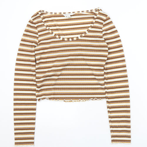 Miss Selfridge Womens Brown Striped Polyester Cropped T-Shirt Size 8 Round Neck