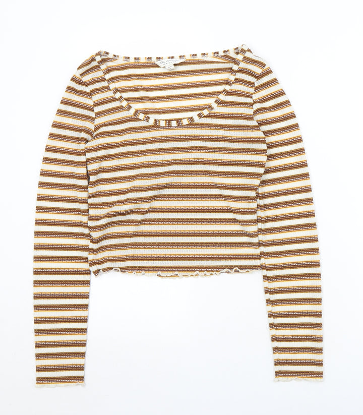 Miss Selfridge Womens Brown Striped Polyester Cropped T-Shirt Size 8 Round Neck