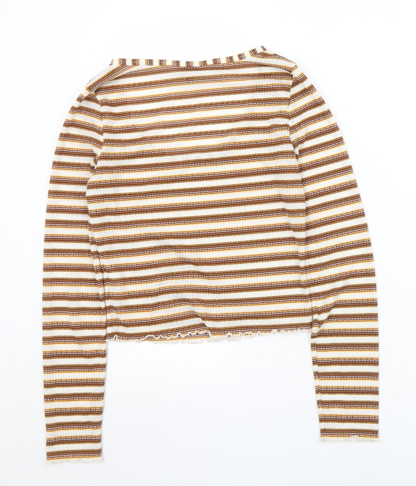 Miss Selfridge Womens Brown Striped Polyester Cropped T-Shirt Size 8 Round Neck