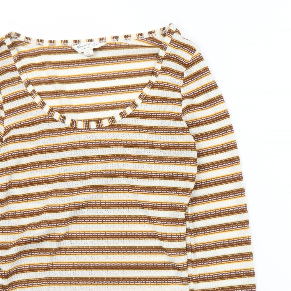 Miss Selfridge Womens Brown Striped Polyester Cropped T-Shirt Size 8 Round Neck