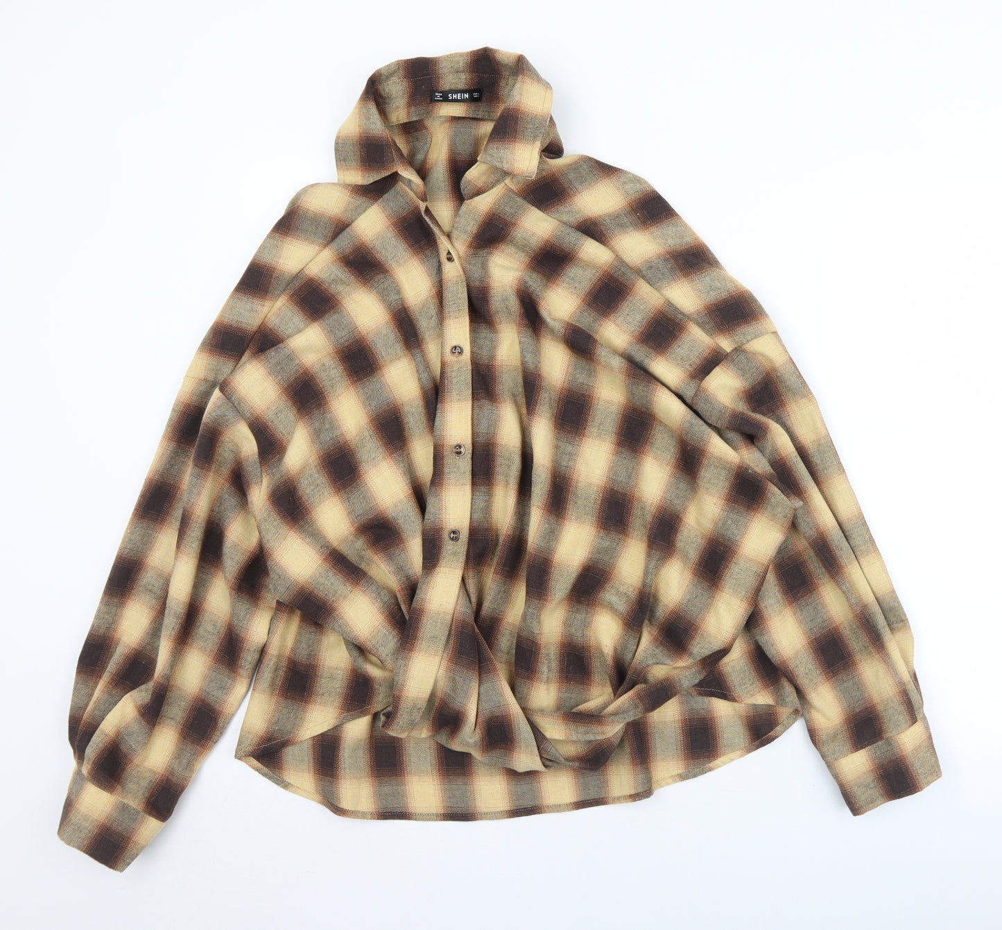 SheIn Womens Brown Plaid Cotton Jersey Button-Up Size L Collared - Looped under style