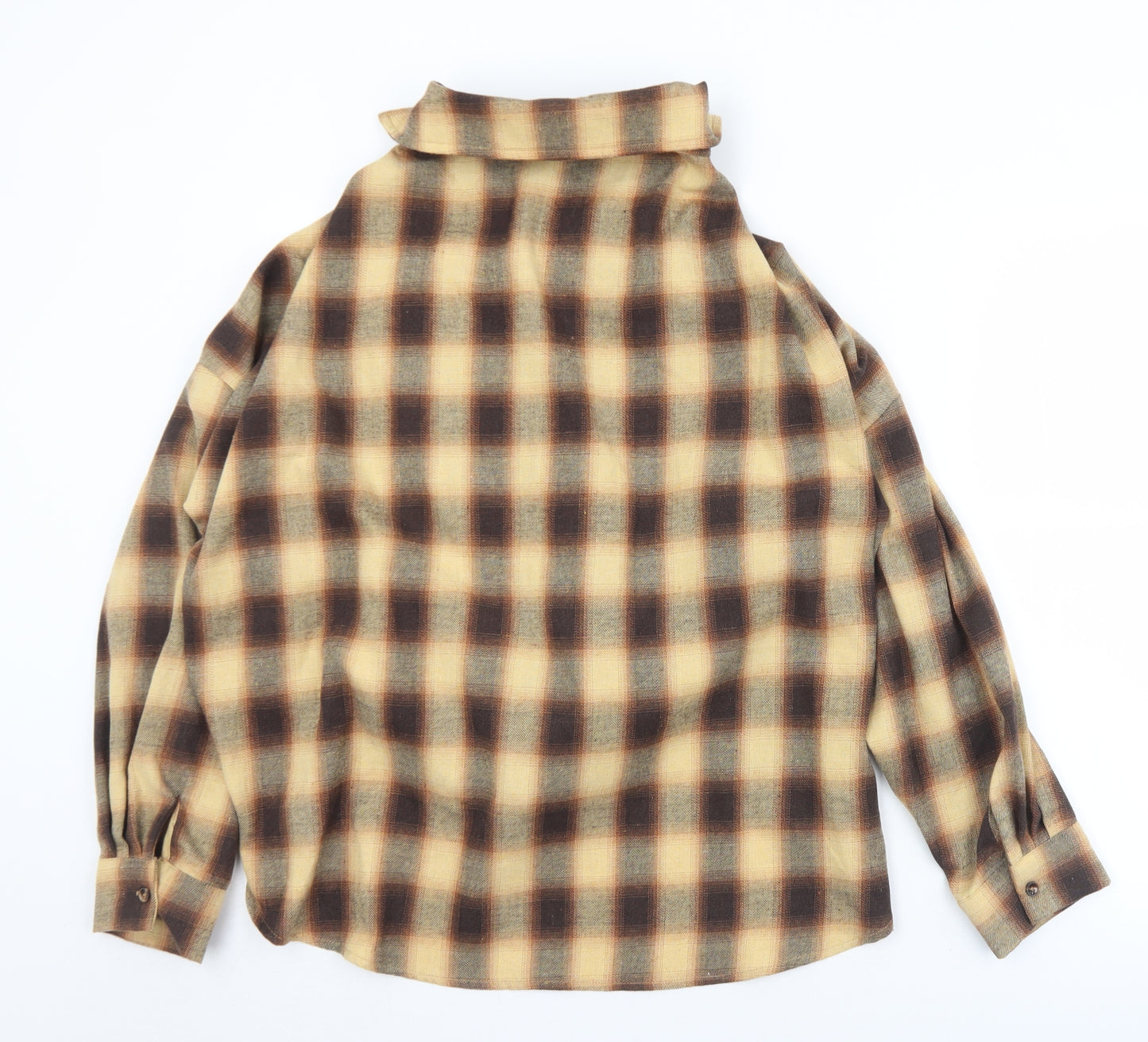 SheIn Womens Brown Plaid Cotton Jersey Button-Up Size L Collared - Looped under style
