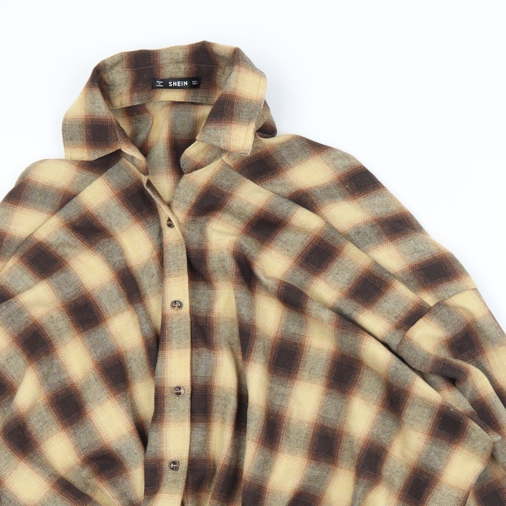 SheIn Womens Brown Plaid Cotton Jersey Button-Up Size L Collared - Looped under style