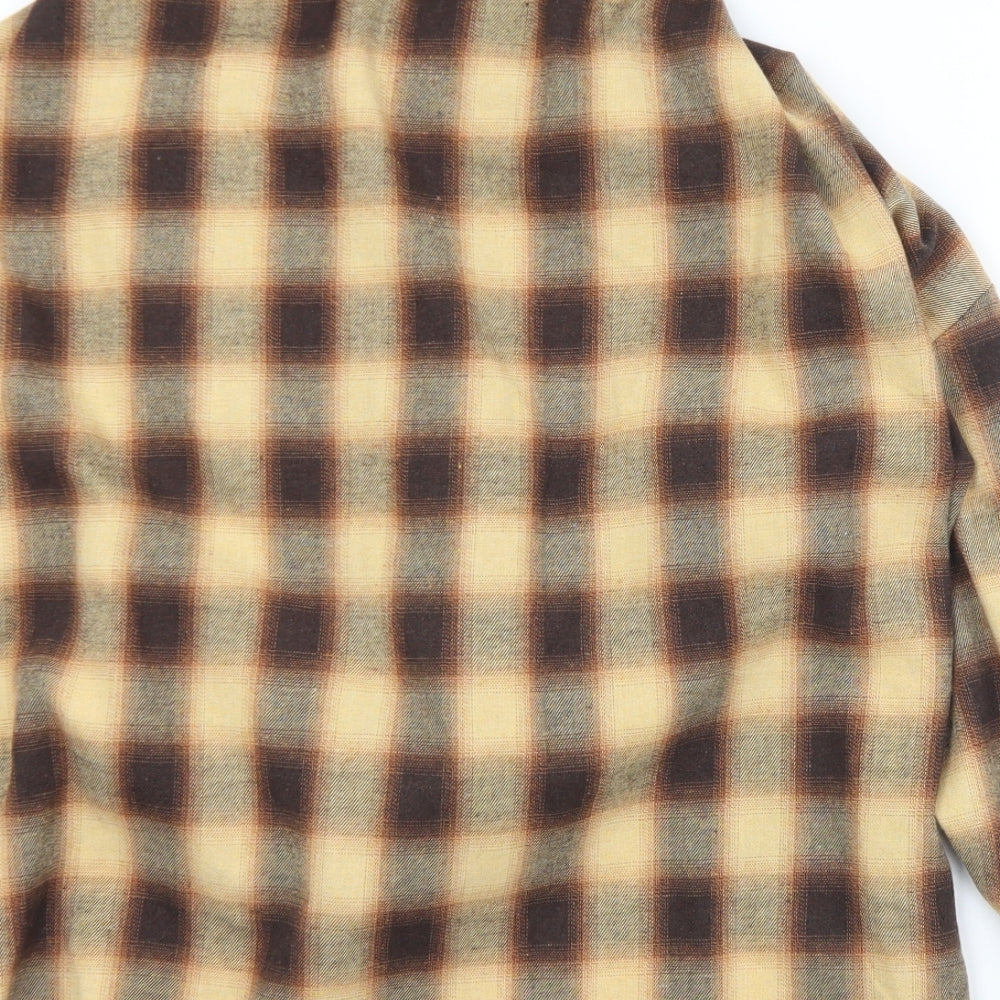 SheIn Womens Brown Plaid Cotton Jersey Button-Up Size L Collared - Looped under style
