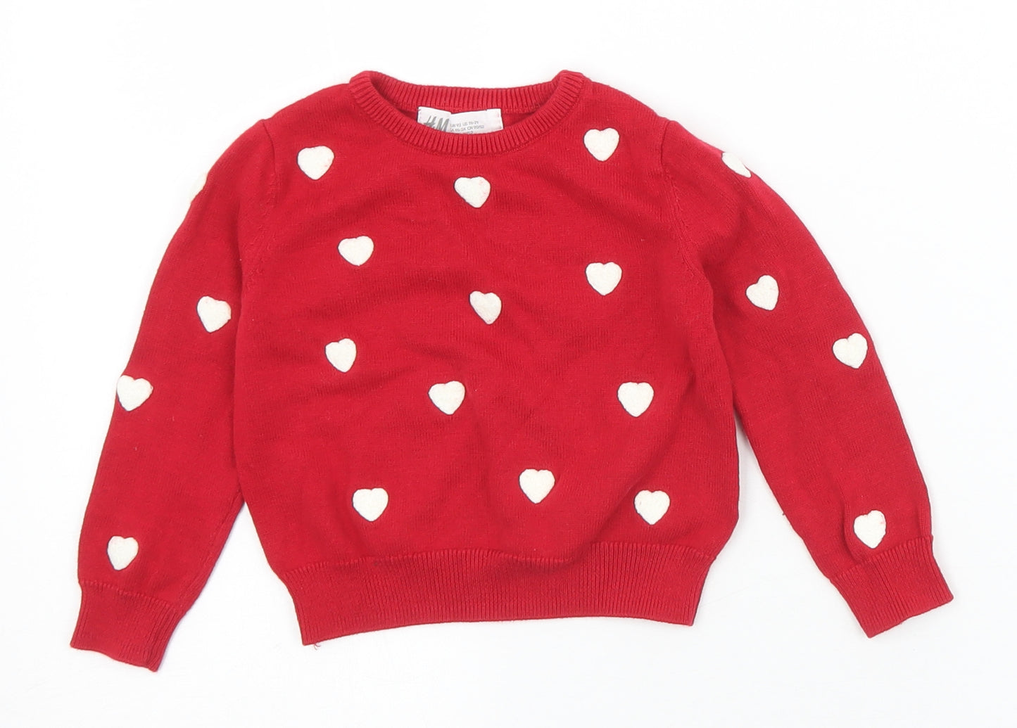 H&M Girls Red Geometric Cotton Pullover Jumper Size 18-24 Months   - Hearts