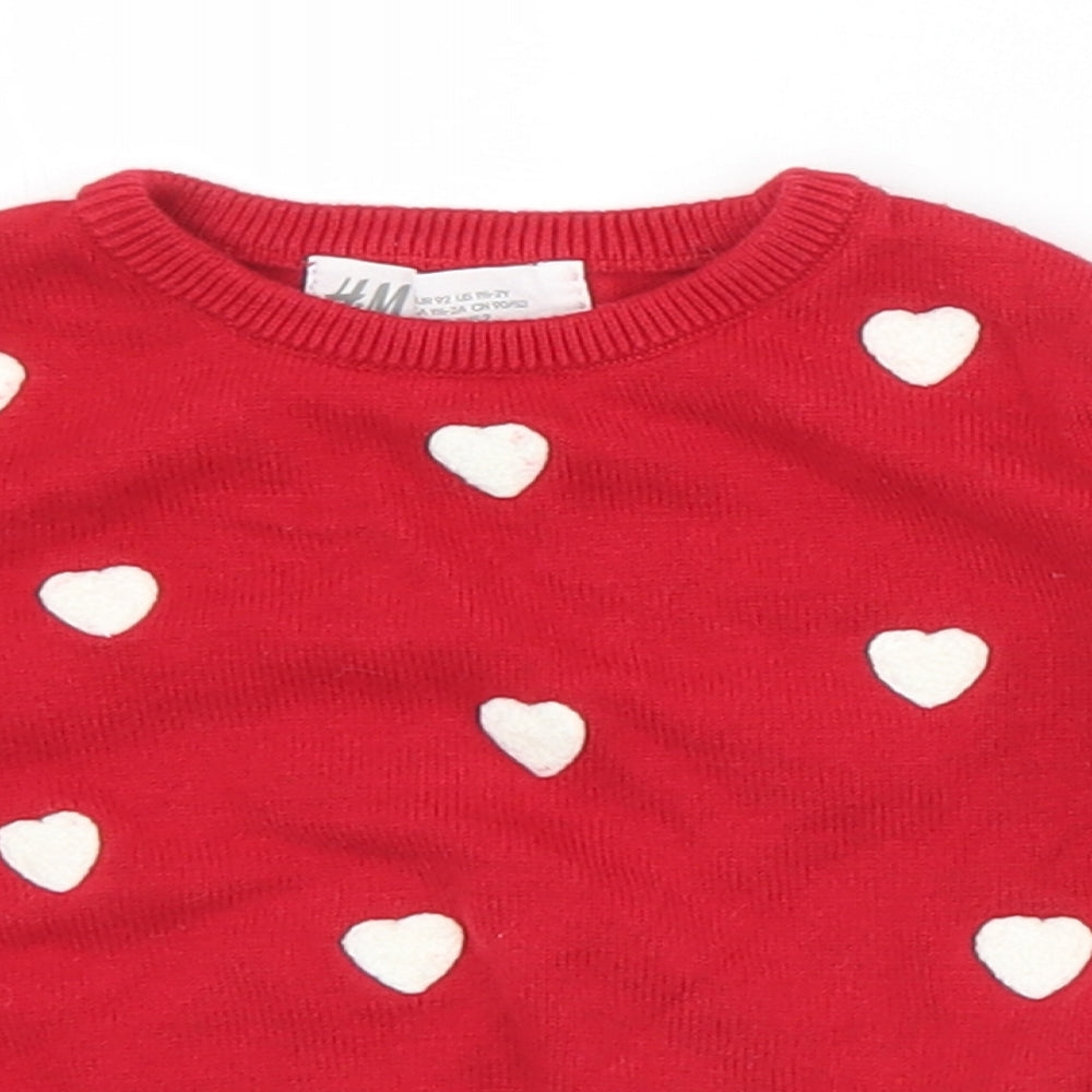 H&M Girls Red Geometric Cotton Pullover Jumper Size 18-24 Months   - Hearts