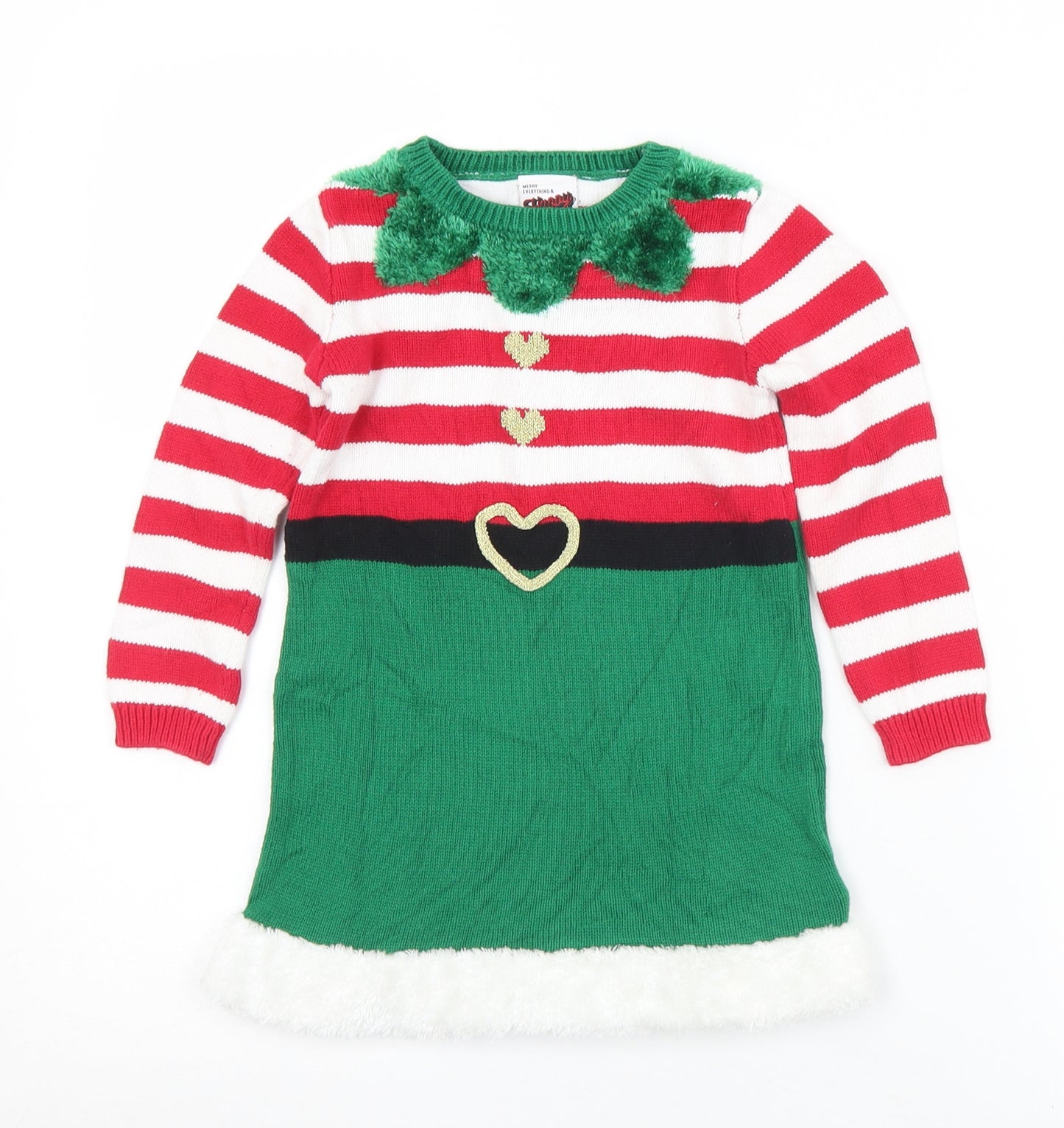 George Girls Multicoloured Striped Cotton Jumper Dress  Size 2-3 Years  Crew Neck  - Christmas