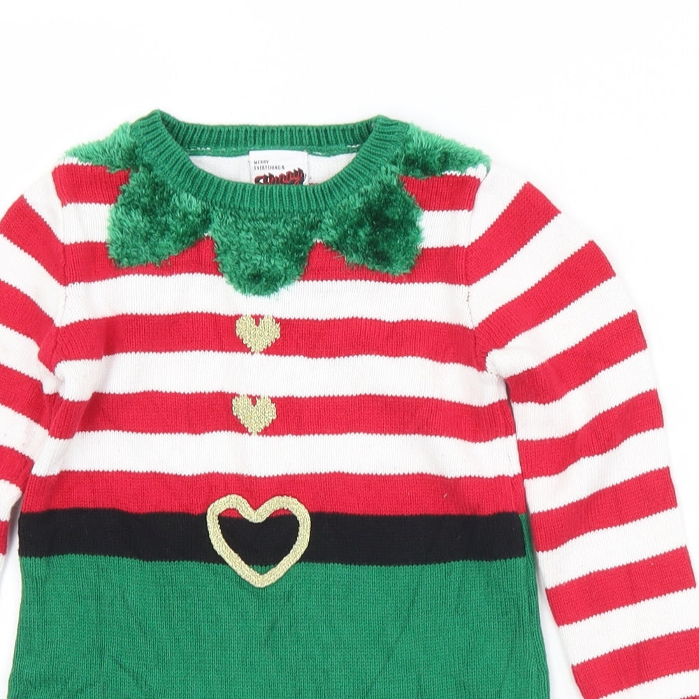 George Girls Multicoloured Striped Cotton Jumper Dress  Size 2-3 Years  Crew Neck  - Christmas