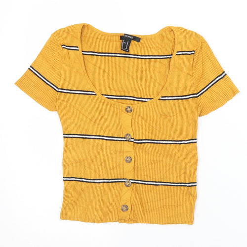 FOREVER 21 Womens Yellow Striped Polyamide Cropped Button-Up Size M Scoop Neck