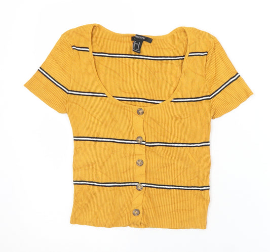 Front view of Forever 21 women’s yellow striped polyamide cropped button-up, size M, scoop neck
