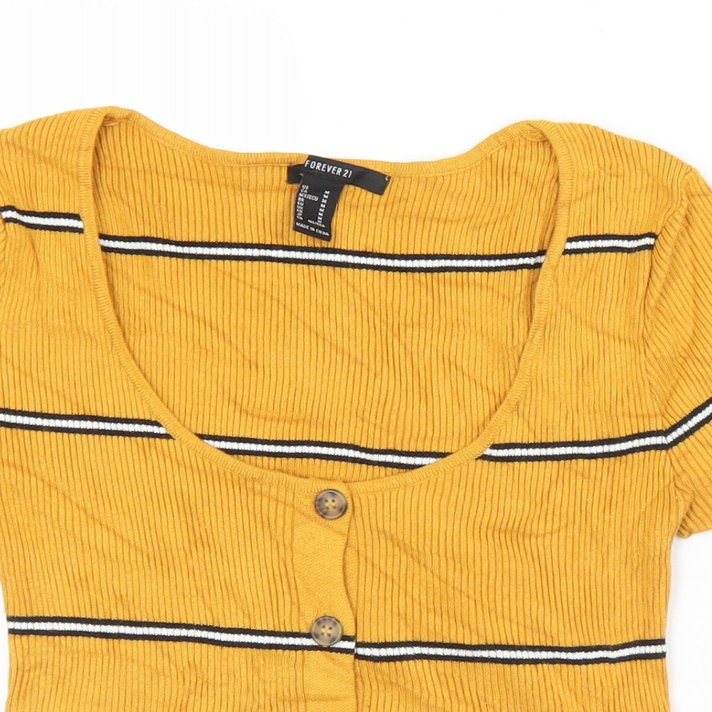 FOREVER 21 Womens Yellow Striped Polyamide Cropped Button-Up Size M Scoop Neck