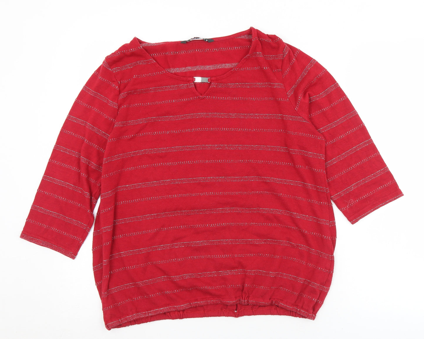 Bonmarché Womens Red Striped Polyester Basic T-Shirt Size 16 Round Neck