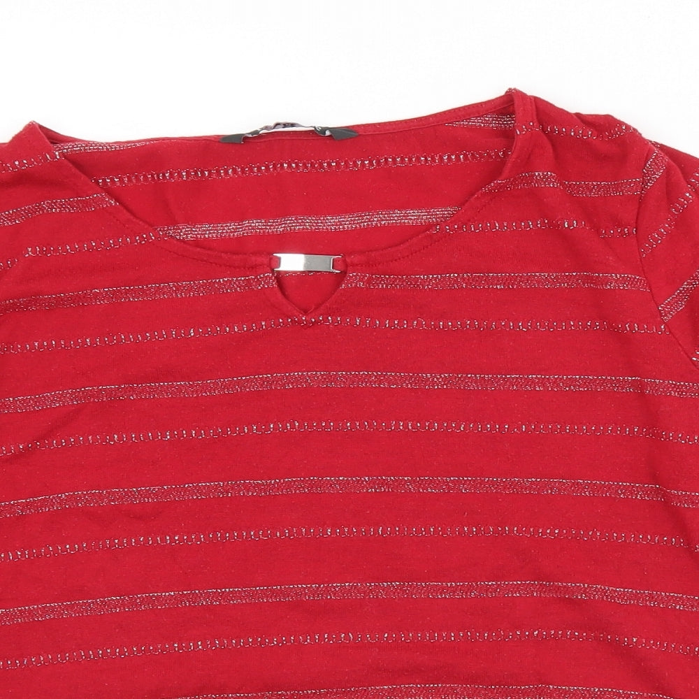 Bonmarché Womens Red Striped Polyester Basic T-Shirt Size 16 Round Neck
