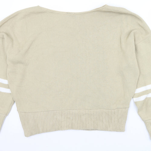 PRETTYLITTLETHING Womens Beige Boat Neck Striped Acrylic Pullover Jumper Size L