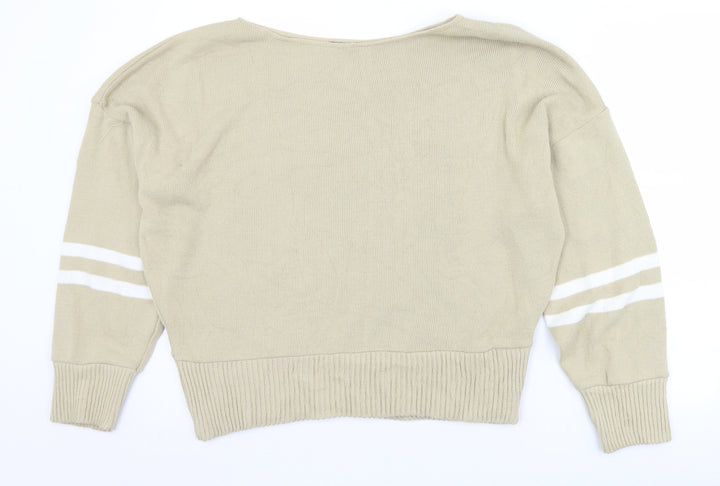 PRETTYLITTLETHING Womens Beige Boat Neck Striped Acrylic Pullover Jumper Size L