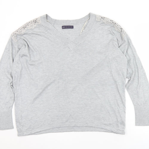 Marks and Spencer Womens Grey V-Neck Floral Viscose Pullover Jumper Size L