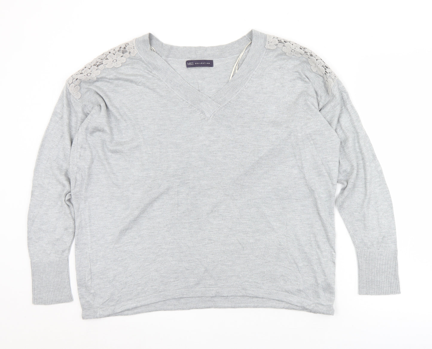 Marks and Spencer Womens Grey V-Neck Floral Viscose Pullover Jumper Size L