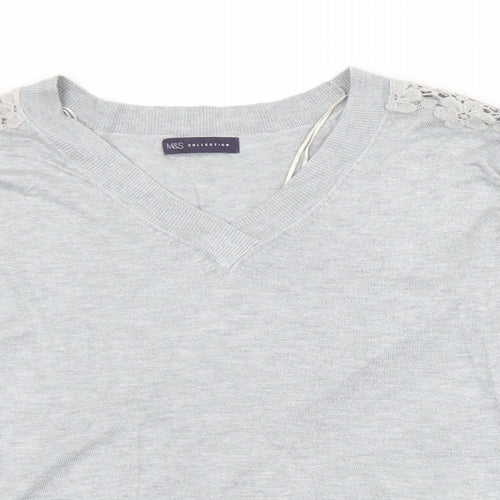 Marks and Spencer Womens Grey V-Neck Floral Viscose Pullover Jumper Size L