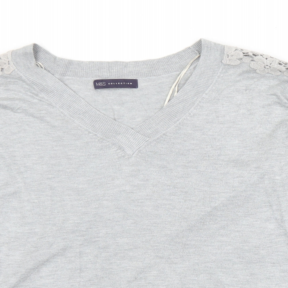 Marks and Spencer Womens Grey V-Neck Floral Viscose Pullover Jumper Size L