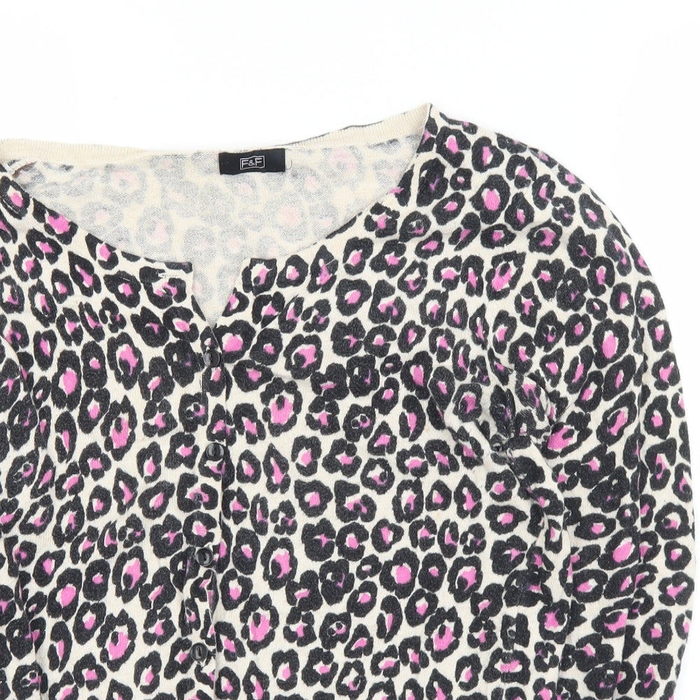 F&F Womens Pink Round Neck Animal Print Cotton Cardigan Jumper Size 10