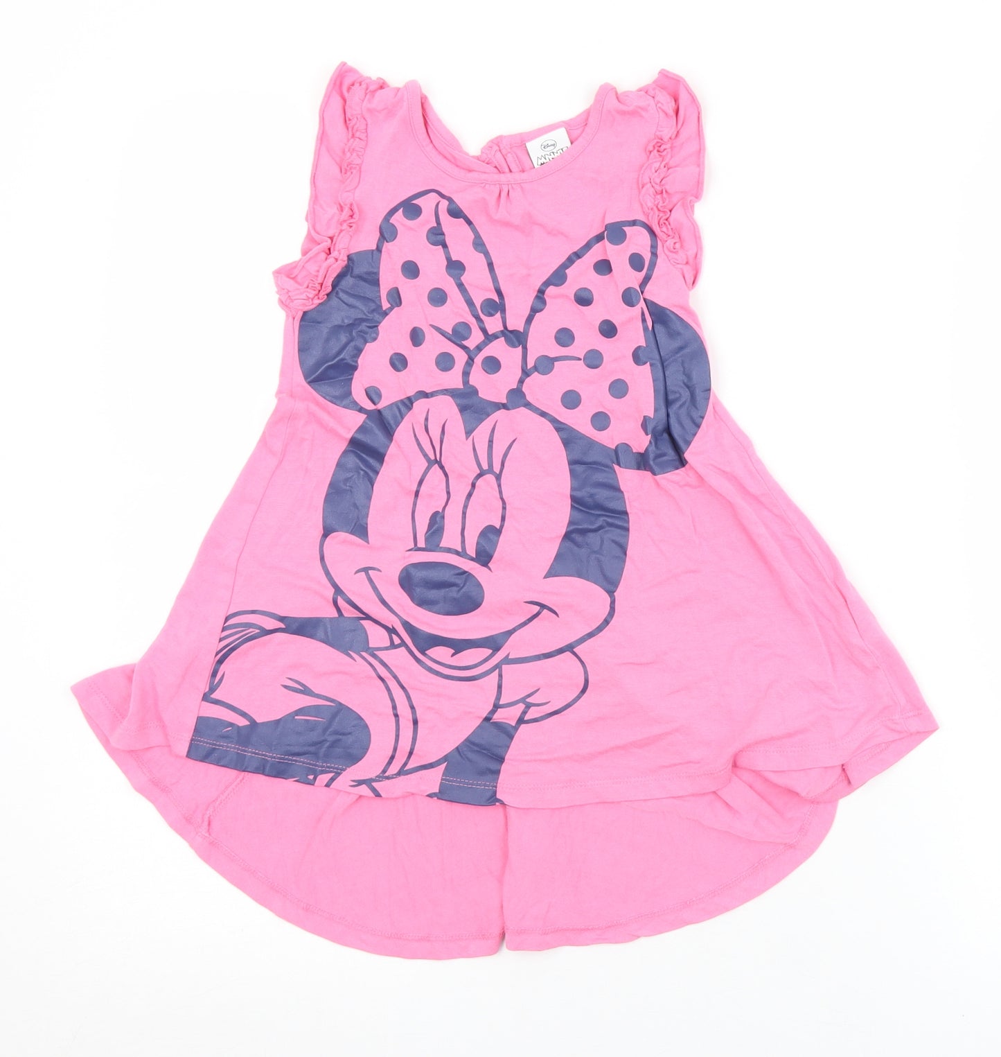 Disney Girls Pink  Viscose Tunic T-Shirt Size 5-6 Years Round Neck Button - Minnie Mouse