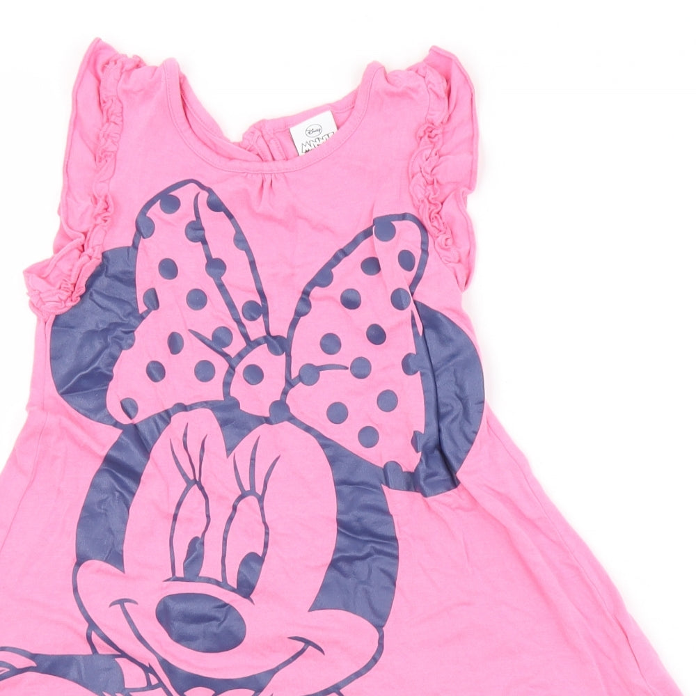 Disney Girls Pink  Viscose Tunic T-Shirt Size 5-6 Years Round Neck Button - Minnie Mouse