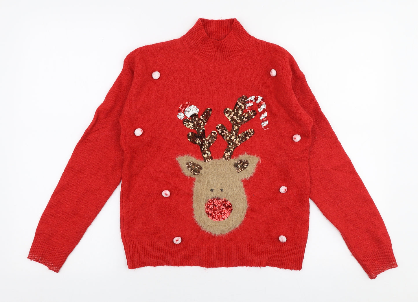 NEXT Girls Red High Neck  Polyester Pullover Jumper Size 11 Years  Pullover - Christmas Reindeer