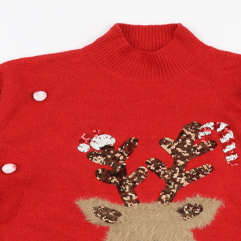 NEXT Girls Red High Neck  Polyester Pullover Jumper Size 11 Years  Pullover - Christmas Reindeer