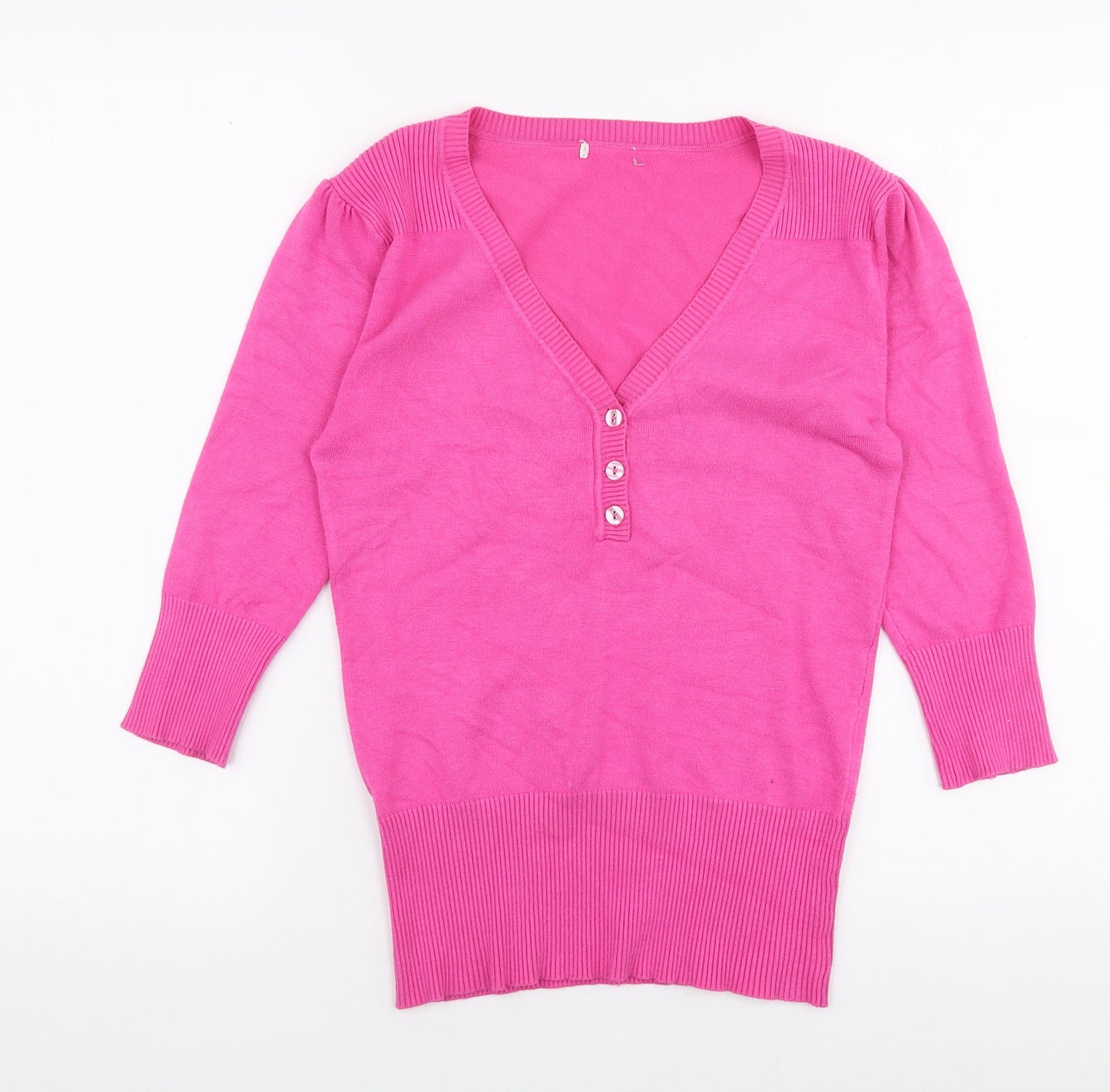 Preworn Womens Pink V-Neck  Polyester Pullover Jumper Size S